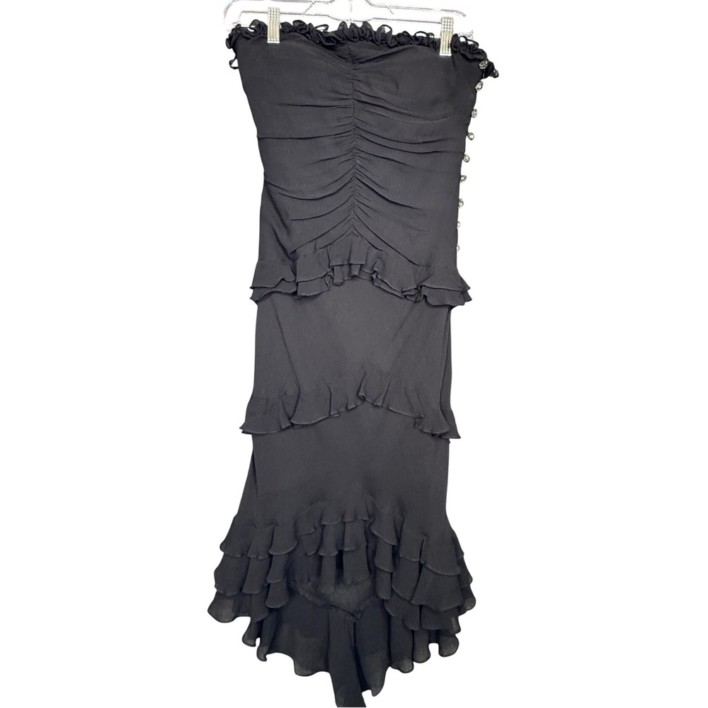 Cache Black 100% Silk Strapless Tiered Ruffle High Low Dress Size 2 Vintage Y2K